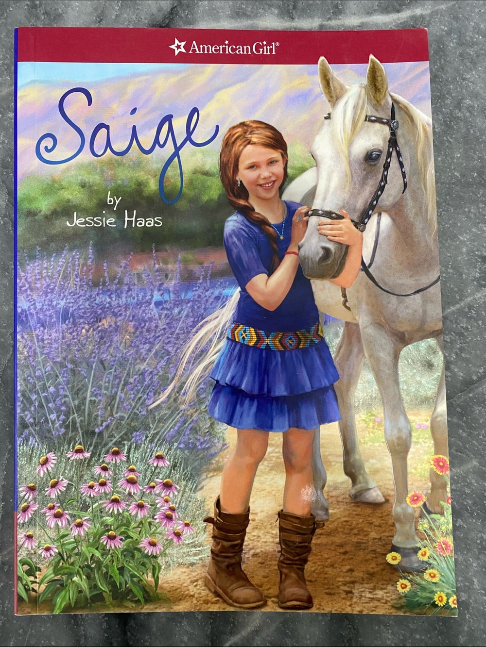 American Girl “Saige” Softcover Book by Jessie Haas. - Blue Dress & White Horse